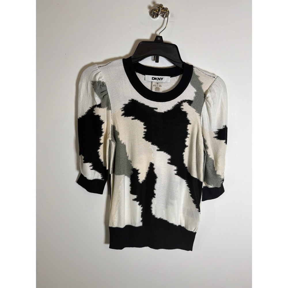 DKNY Womens Abstract Puff Sleeve Knit Sweater Black White Metallic XS